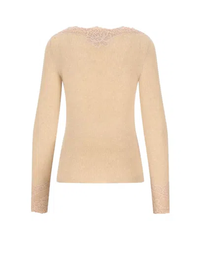 Valentino Cashmere Sweater With Lace And Boat Neckline In Brown