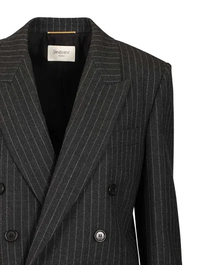 Saint Laurent Oversized Double-breasted Pinstriped Wool-flannel Blazer In Multi