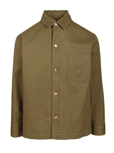 Saint Laurent Green Shirt With Classic Collar And Cassandre Embroidery On The Front In Cotton Man In Green