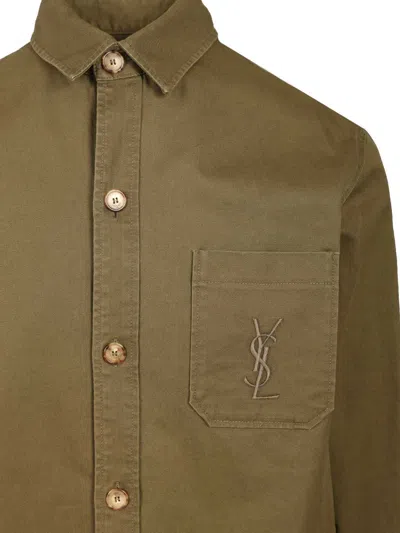 Saint Laurent Green Shirt With Classic Collar And Cassandre Embroidery On The Front In Cotton Man In Green