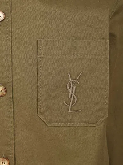 Saint Laurent Green Shirt With Classic Collar And Cassandre Embroidery On The Front In Cotton Man In Green