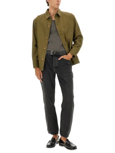 Saint Laurent Green Shirt With Classic Collar And Cassandre Embroidery On The Front In Cotton Man In Green