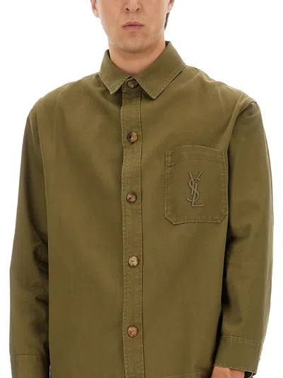 Saint Laurent Green Shirt With Classic Collar And Cassandre Embroidery On The Front In Cotton Man In Green