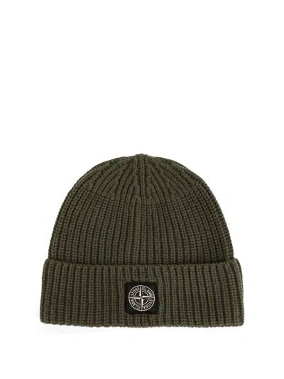 Stone Island Beanie With Compass Patch And Ribbed Cuff In Brown