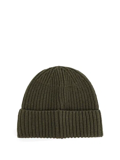 Stone Island Beanie With Compass Patch And Ribbed Cuff In Brown