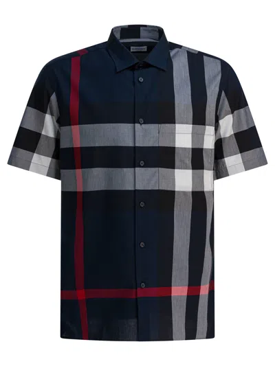 Burberry Short-sleeve Check Stretch Cotton Poplin Shirt In Blue