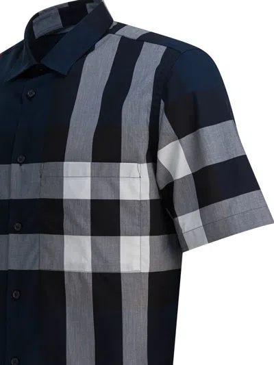 Burberry Short-sleeve Check Stretch Cotton Poplin Shirt In Blue