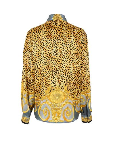 Versace Multicolor Shirt With Pussybow Collar And Leopard Motif In Silk Woman In Multi