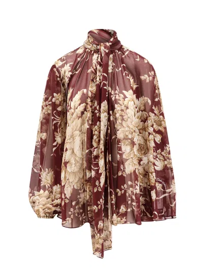 Dolce & Gabbana Chiffon Shirt With Rose Print In Brown