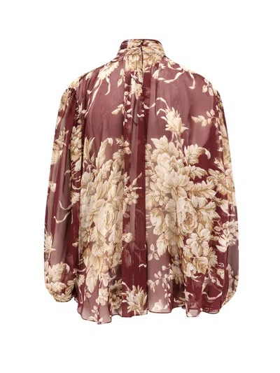 Dolce & Gabbana Chiffon Shirt With Rose Print In Brown