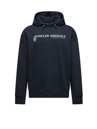 Moncler Grenoble Logo Embroidered Long-sleeved Hoodie In Blue