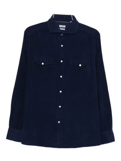 Brunello Cucinelli Men Easy Fit Western Shirt In Corduroy In Blue