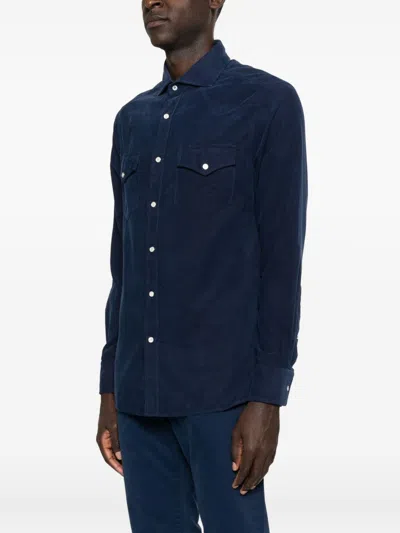 Brunello Cucinelli Men Easy Fit Western Shirt In Corduroy In Blue