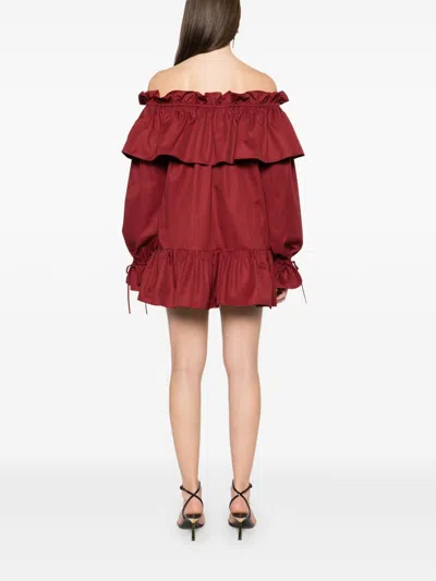 Saint Laurent Off-the-shoulder Ruffled Cotton-twill Mini Dress In Red