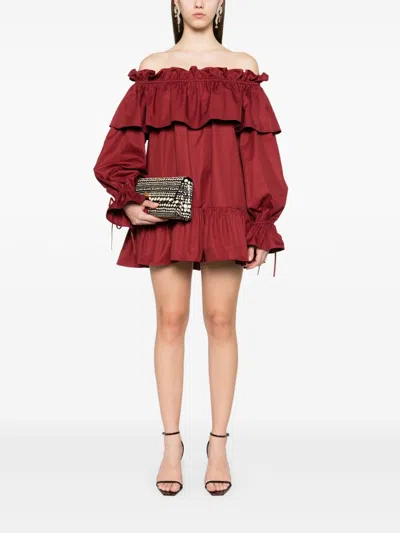 Saint Laurent Off-the-shoulder Ruffled Cotton-twill Mini Dress In Red