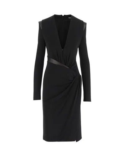 Versace Draped Long Sleeve Dress With Shoulder Pads In Black