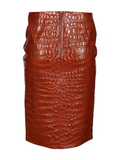 Saint Laurent Crocodile Embossed Leather Skirt Skirts Brown In Burgundy