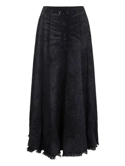 Diesel Full Skirt In Lasered Cotton-hemp Denim In Black