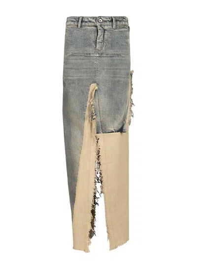 Rick Owens Distressed Cotton-trimmed Denim Maxi Skirt In Black