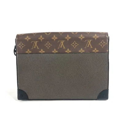 Pre-owned Louis Vuitton Brown Khaki Taiga Leather Leather Monogram Canvas Clutch Bag Pochette Pouch (