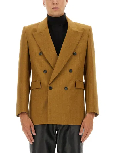 Saint Laurent Tailored Wool Blazer Featuring Peak Lapel In Gold