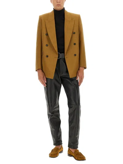 Saint Laurent Tailored Wool Blazer Featuring Peak Lapel In Gold