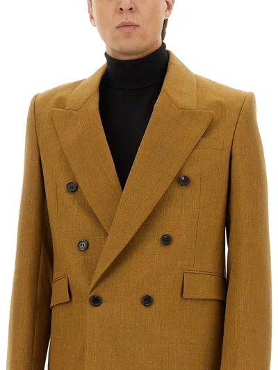 Saint Laurent Tailored Wool Blazer Featuring Peak Lapel In Gold