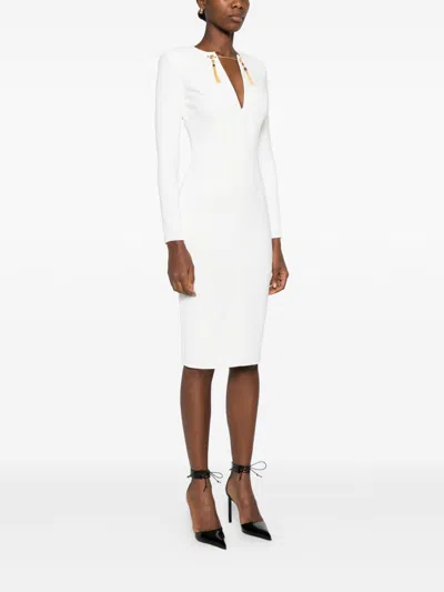 Elisabetta Franchi Fitted Mini Dress With Long Sleeves And Tassels In White