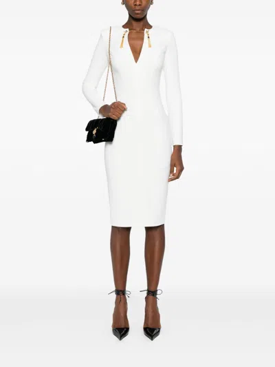 Elisabetta Franchi Fitted Mini Dress With Long Sleeves And Tassels In White