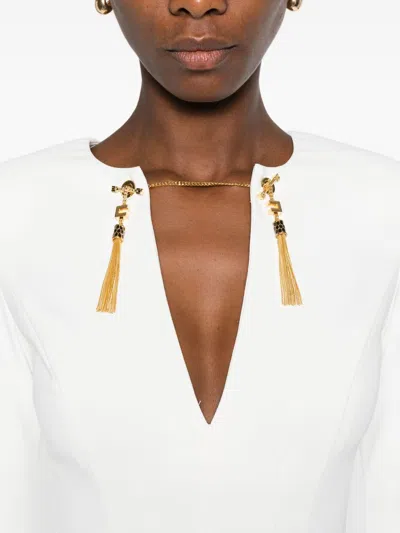 Elisabetta Franchi Fitted Mini Dress With Long Sleeves And Tassels In White