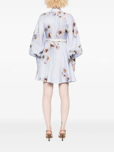 Zimmermann Womens Lilac Poppy Printed Silk-belt Buttoned Linen Mini Dress In Blue