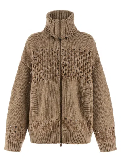 Brunello Cucinelli Drop Sequin Cardigan Sweaters And Cardigans Beige In Brown