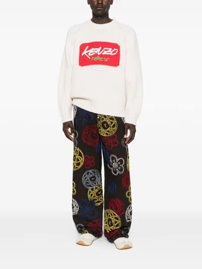 Kenzo Futura Embroidered Cotton Trousers In Multi