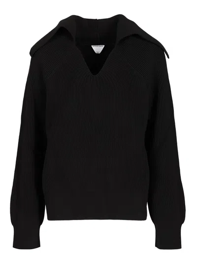 Bottega Veneta English Ribbed Cotton Sweater Knitwear Black In Black
