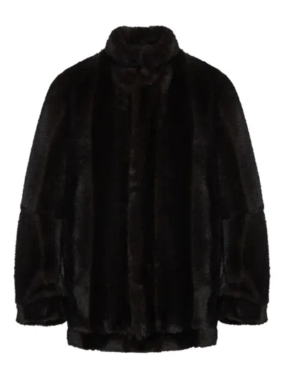 Mm6 Maison Margiela Plush Black Faux Fur Jacket With High Collar And Relaxed Fit In Black