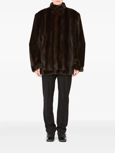Mm6 Maison Margiela Plush Black Faux Fur Jacket With High Collar And Relaxed Fit In Black