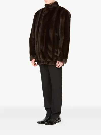 Mm6 Maison Margiela Plush Black Faux Fur Jacket With High Collar And Relaxed Fit In Black