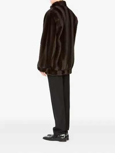 Mm6 Maison Margiela Plush Black Faux Fur Jacket With High Collar And Relaxed Fit In Black