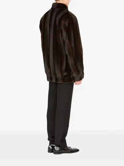 Mm6 Maison Margiela Plush Black Faux Fur Jacket With High Collar And Relaxed Fit In Black