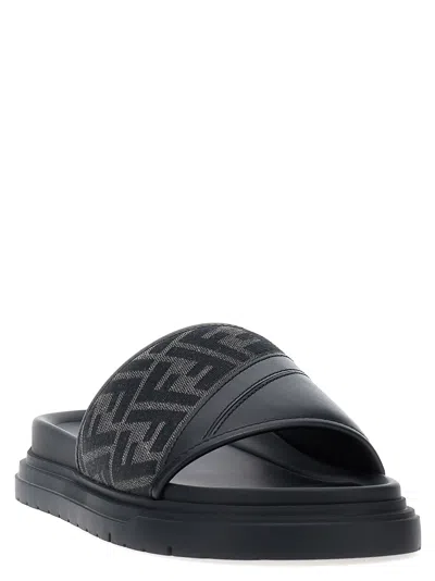 Fendi Men Slide Diagonal In Jacquard Ff In Black