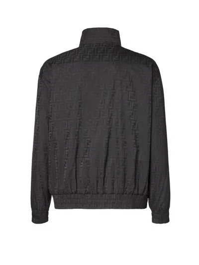 Fendi Men Black Jacket With High Neck And All-over Ff Motif In Tech Fabric Man In Black