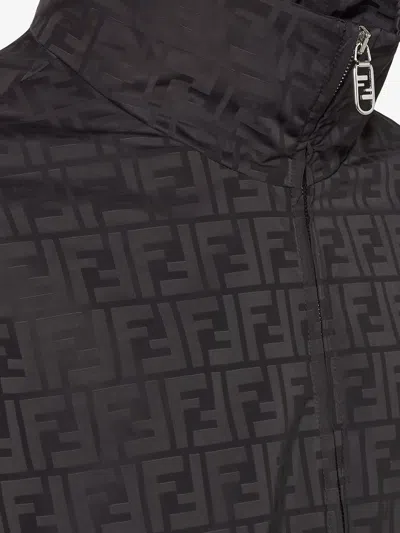 Fendi Men Black Jacket With High Neck And All-over Ff Motif In Tech Fabric Man In Black