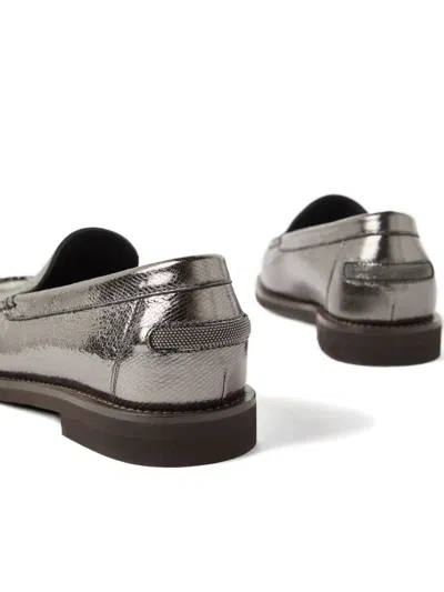 Brunello Cucinelli Metallic Finish Round Toe Loafers With Rubber Sole In Gray
