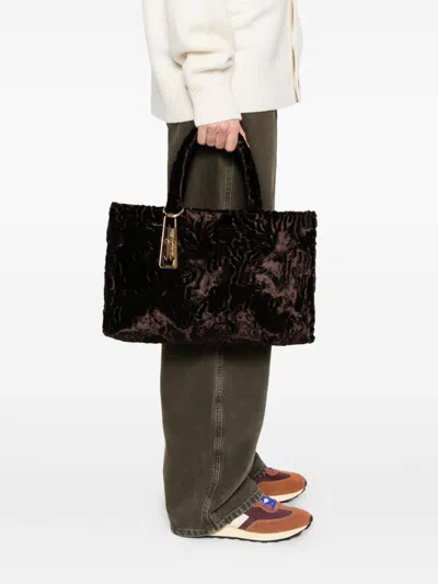 La Milanesa Floral Faux Fur Tote Bag With Handles In Brown