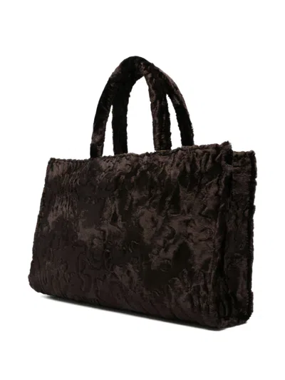La Milanesa Floral Faux Fur Tote Bag With Handles In Brown