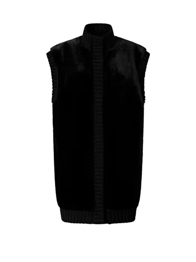 Pinko Genovese Black Sleeveless Vest With High Neck And Ribbed Details In Ecofur Woman In Black