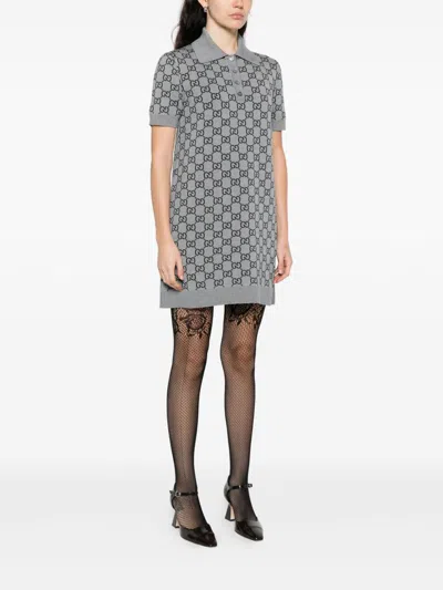 Gucci Gg Wool Dress With Ribbed Profiles In Gray