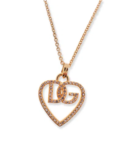 Dolce & Gabbana Heart And Logo Rhinestones Pendant Necklace Accessories In Gold