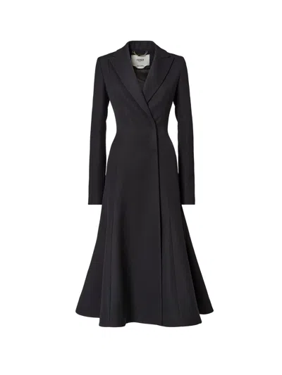 Fendi Women Black Flared Double-breasted Coat With Peak Revers In Wool Woman In Black