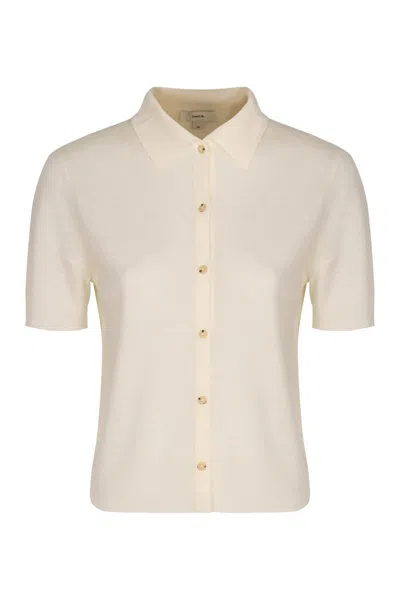 Vince Womens Off White Polo-collar Short-sleeves Wool-blend Top In White